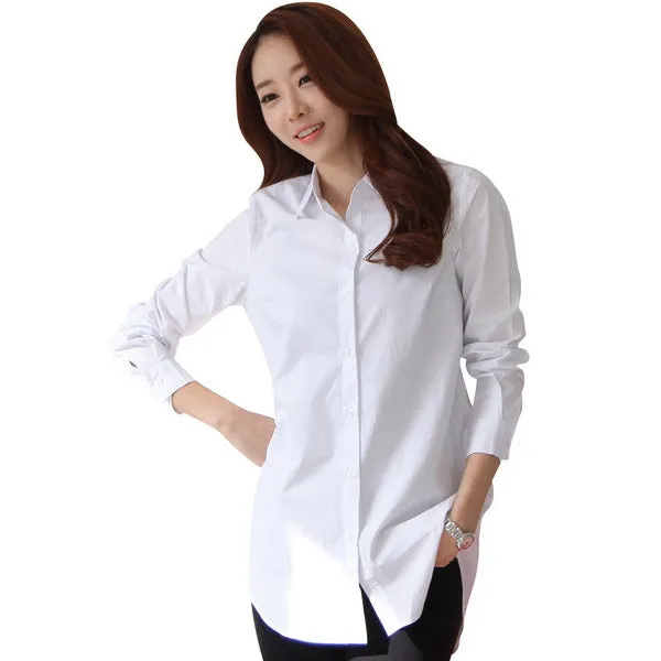 Autumn Spring Women Long White Shirts Size S-2XL All-match Good Quality Long Sleeve Lady Casual Cotton Blouse & Tops