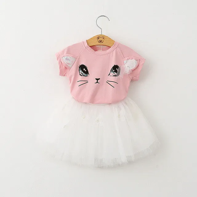 Bear Leader Girls Clothing Sets New Summer Fashion Style Cartoon Kitten Printed T-Shirts Net Veil Dress 2Pcs Girls Clothes Sets