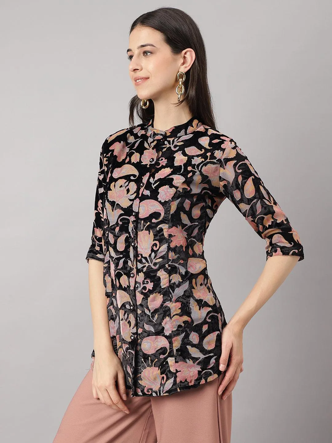 Black Floral Burn Out Velvet A-Line Shirts Style Top