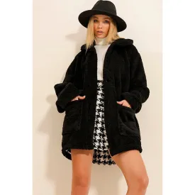 Black Fur Long Button Down Jacket