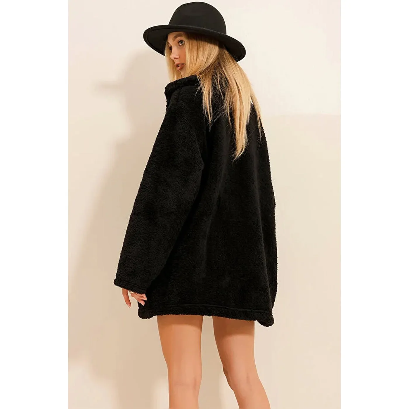 Black Fur Long Button Down Jacket