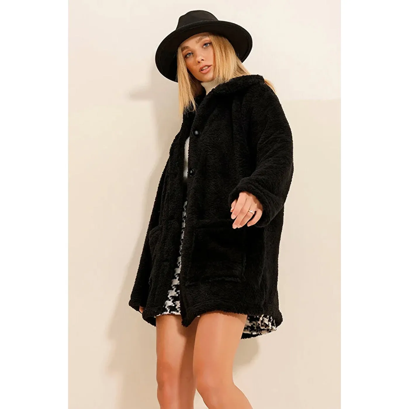 Black Fur Long Button Down Jacket