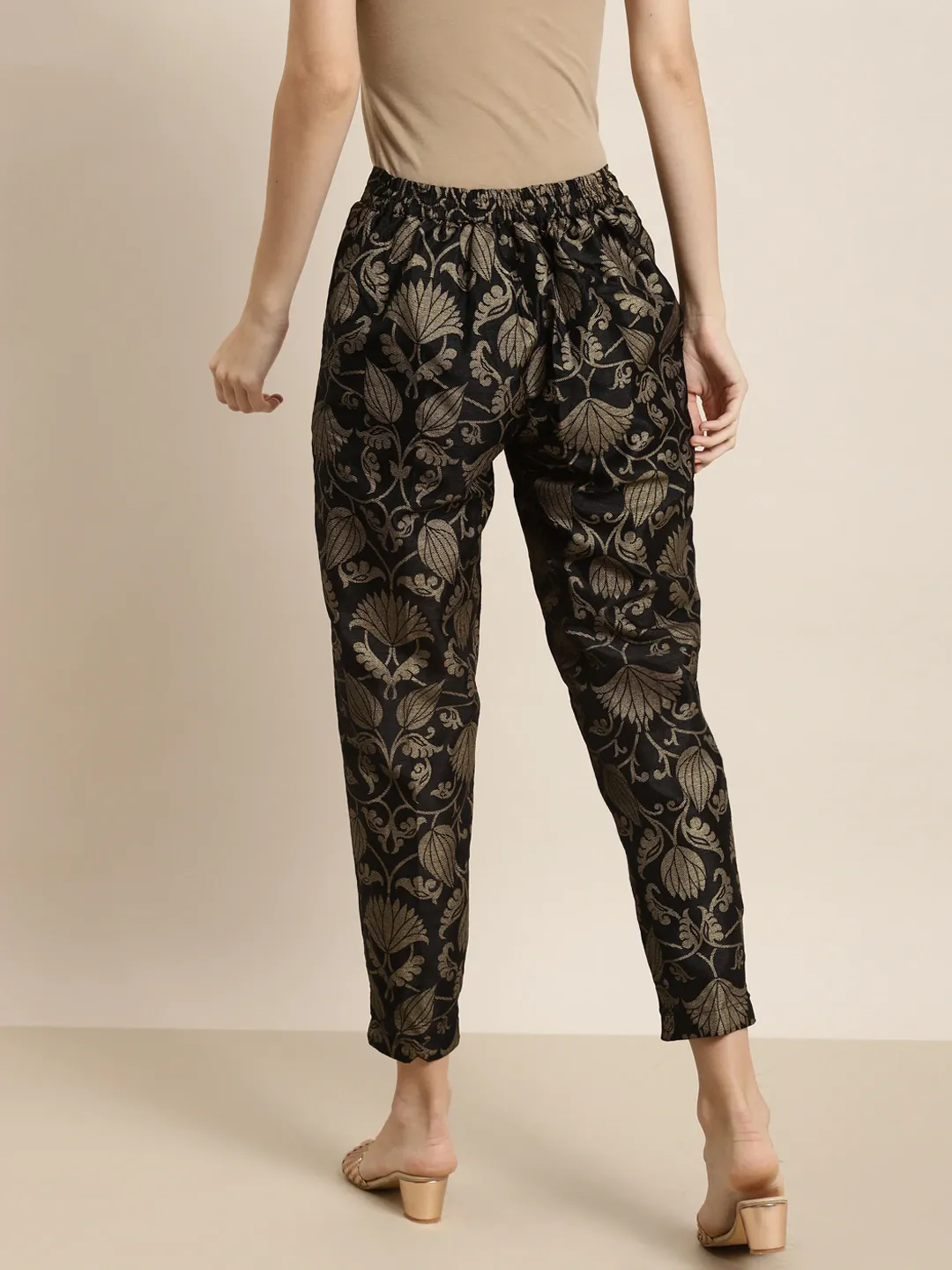 Black Jacquard Floral Pencil Pants