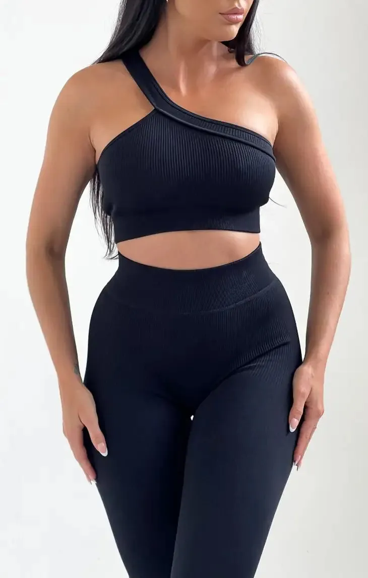 Black Ribbed One Shoulder Fitted Activewear Set - Aurora