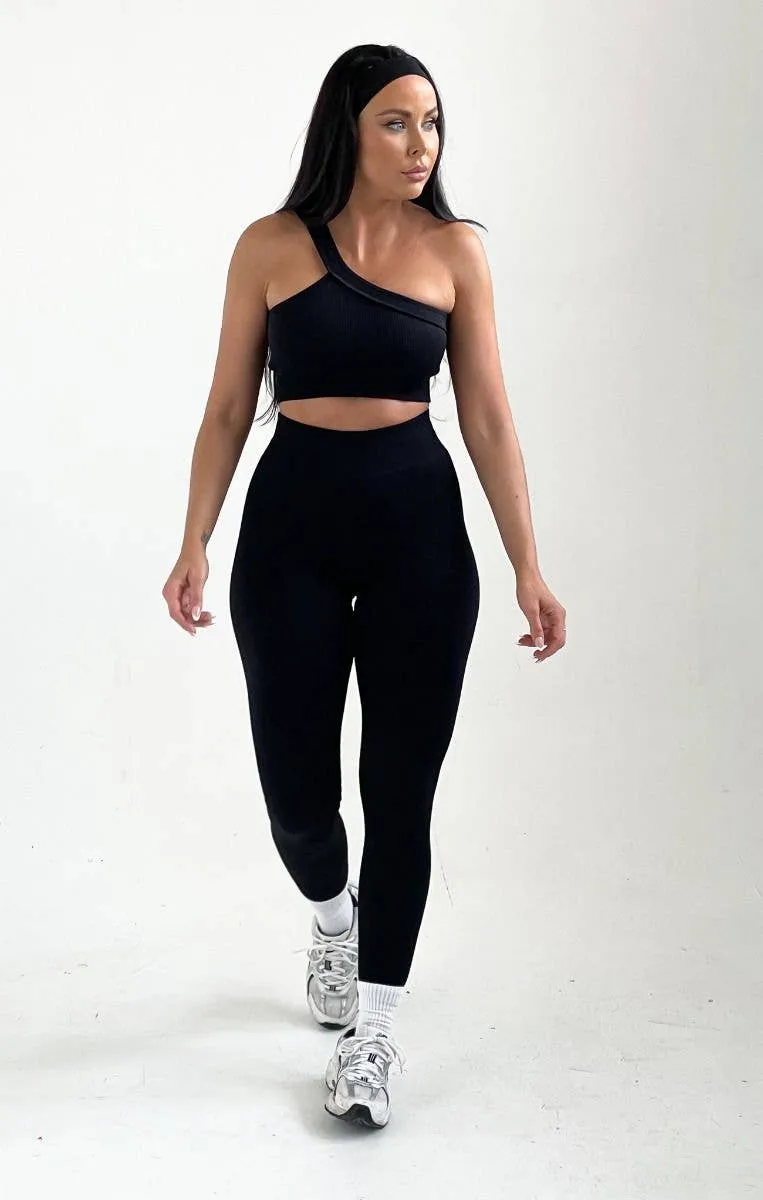 Black Ribbed One Shoulder Fitted Activewear Set - Aurora