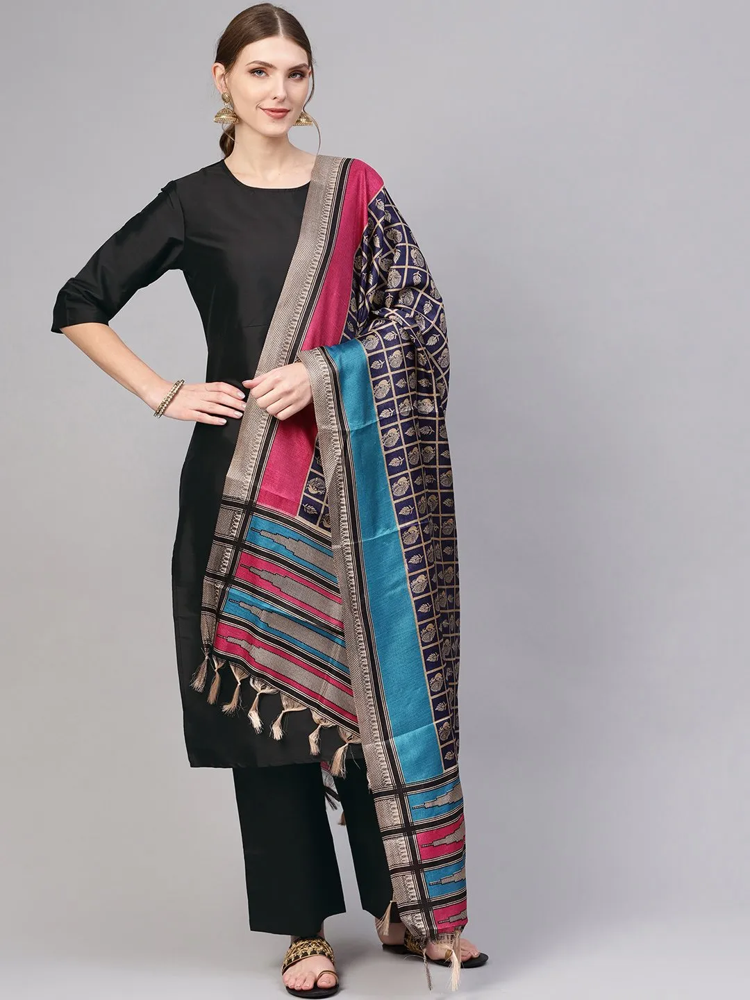 Black Straight Kurta With Pants & Navy Blue Printed Dupatta