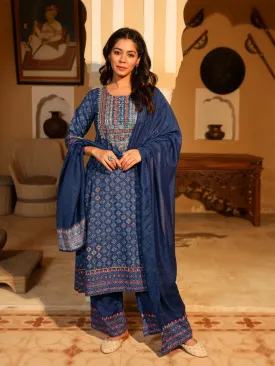 Blue Ethnic Motif Printed Polycotton Kurta Pant And Dupatta Set With Thread Zari Work & Sequins