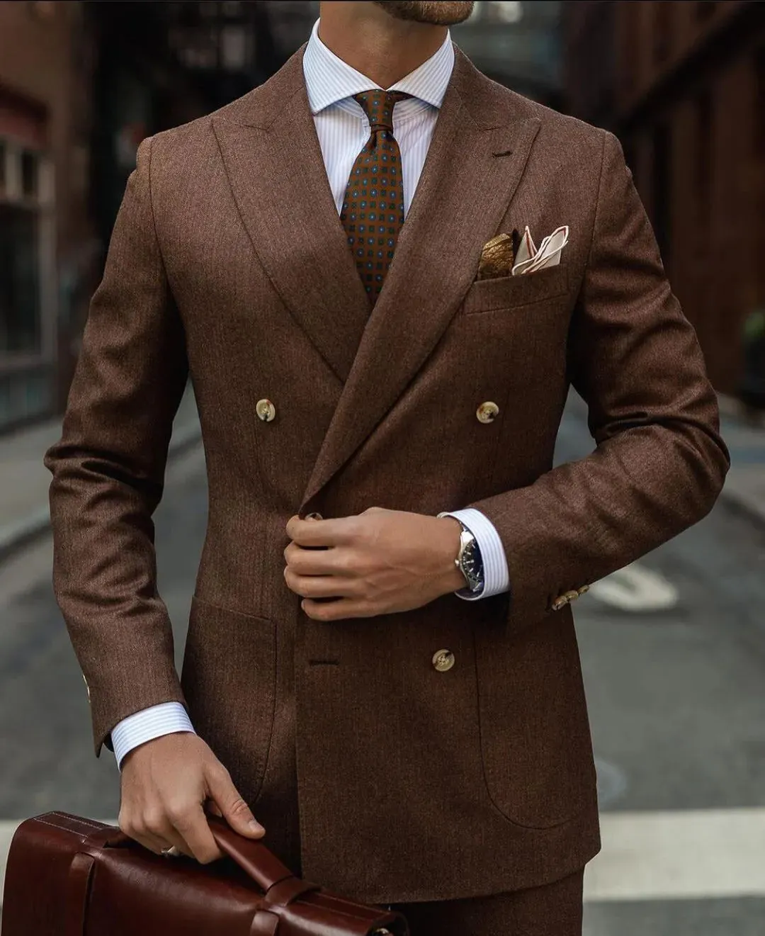 Brown Double Breasted Mens Suit Peaked Lapel For Wedding Tuxedos Two Pieces Groom Wear Prom Blazers With Jackets And Pants