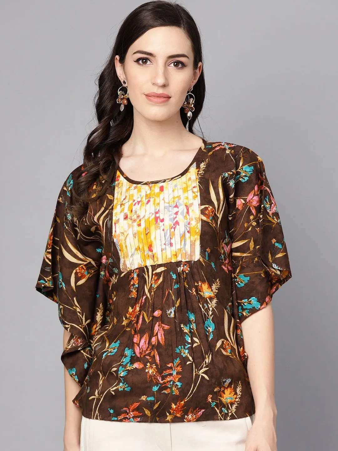 Chocolate Brown Multi Colored  Kaftaan Top With Pleated Yoke