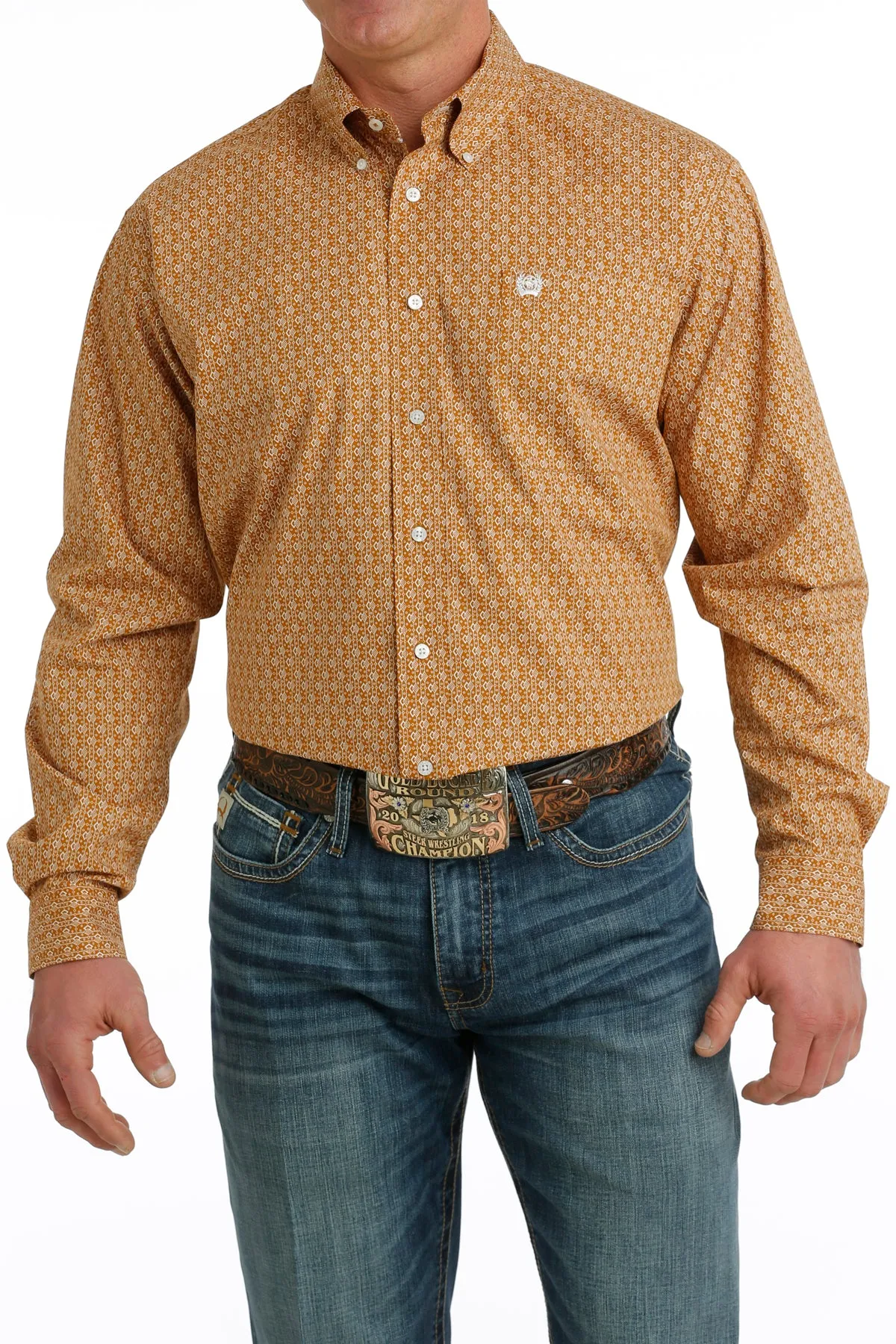 Cinch Gold/White Geometric Print Button-Down Shirt for Men