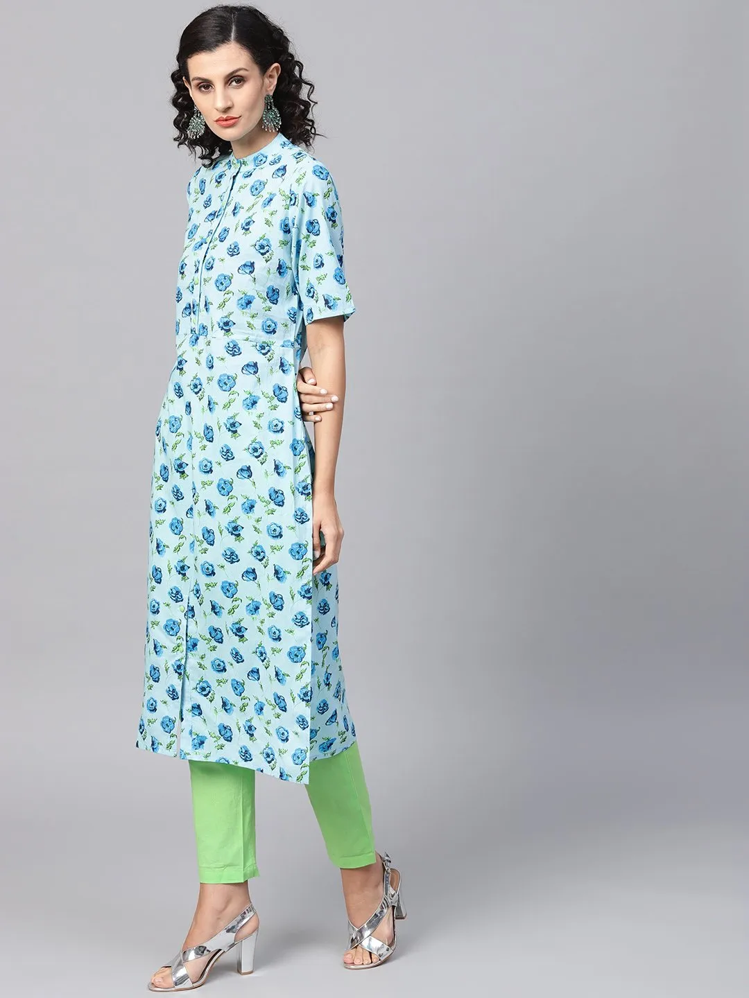 Cotton Light Blue Floral Printed Kurta Set With Solid Light Green Pants