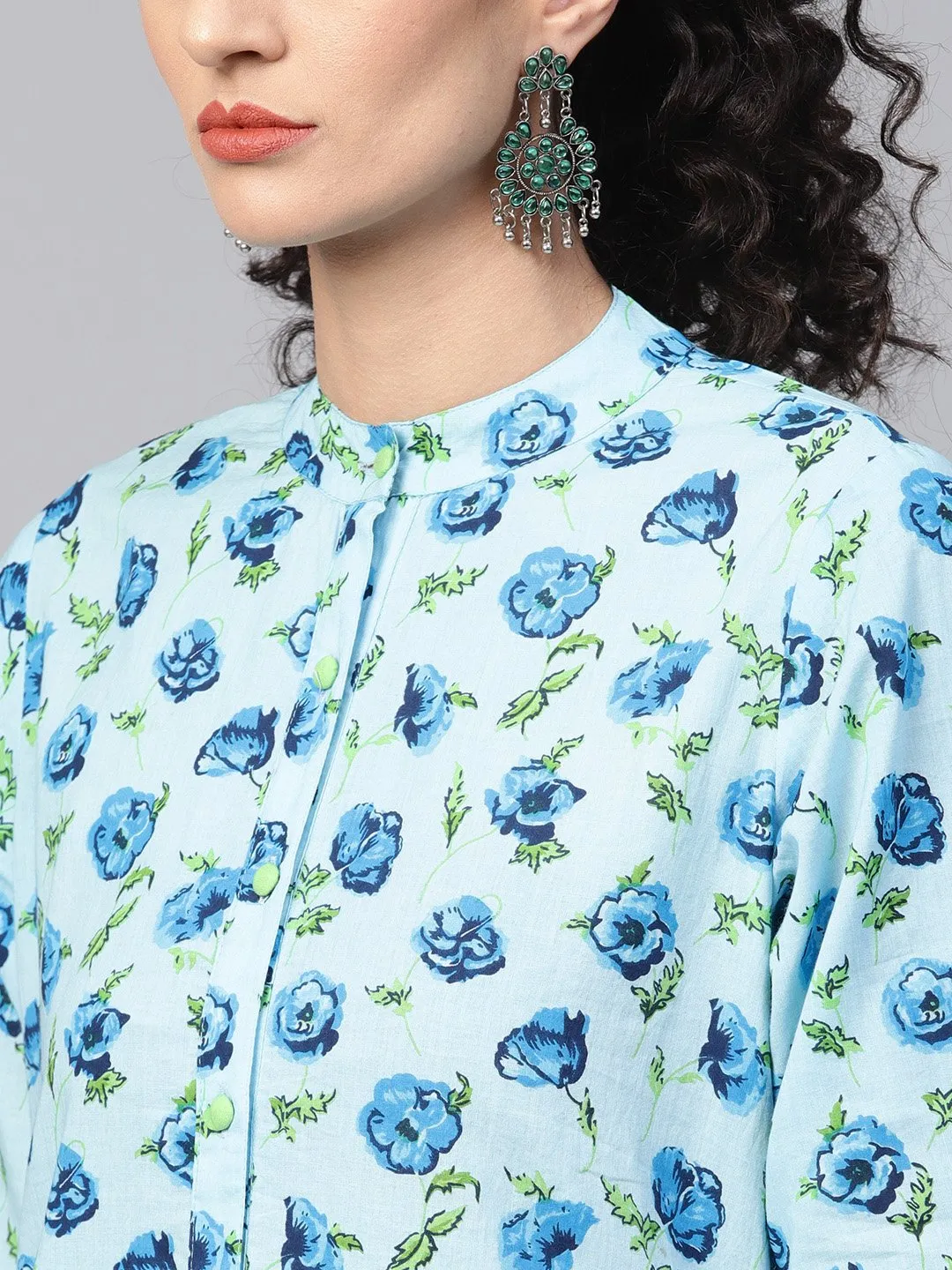 Cotton Light Blue Floral Printed Kurta Set With Solid Light Green Pants