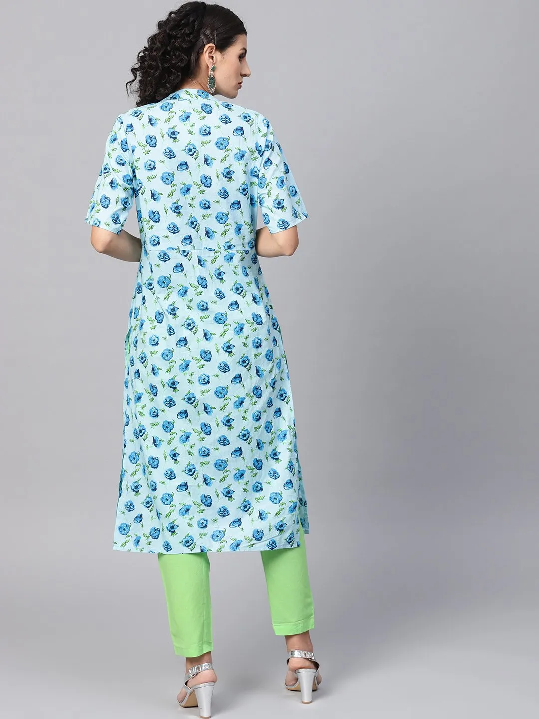 Cotton Light Blue Floral Printed Kurta Set With Solid Light Green Pants