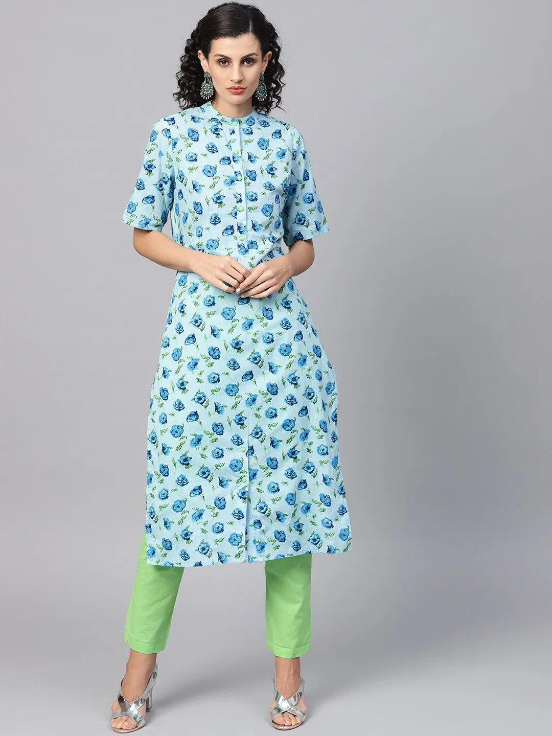 Cotton Light Blue Floral Printed Kurta Set With Solid Light Green Pants