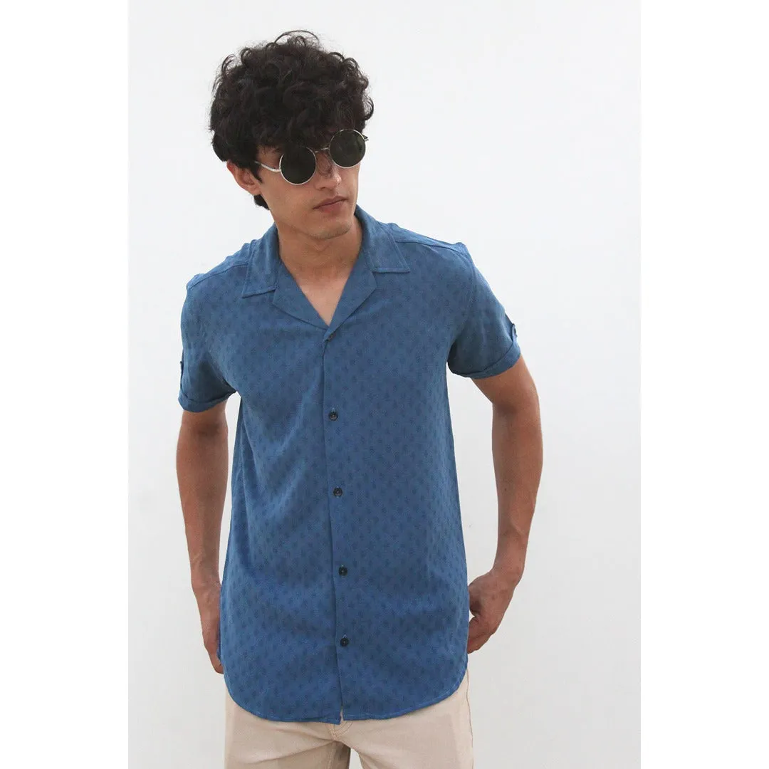 Cyan Textured Cuban Shirt