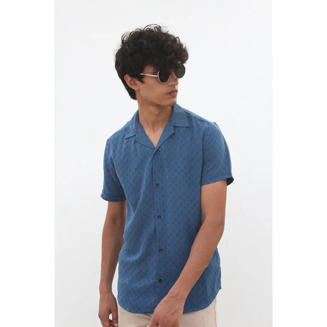 Cyan Textured Cuban Shirt