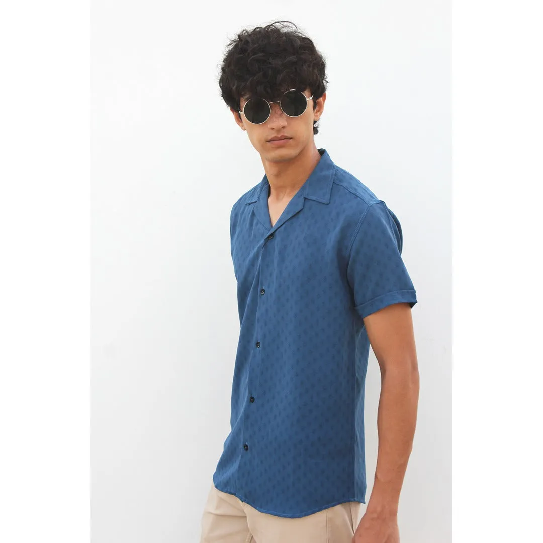 Cyan Textured Cuban Shirt