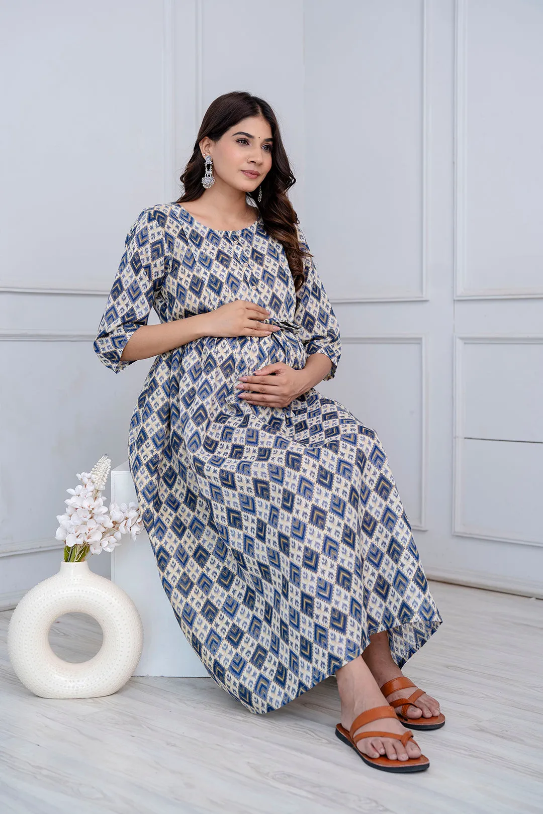 Fab Blue Printed Maternity Dress For Women