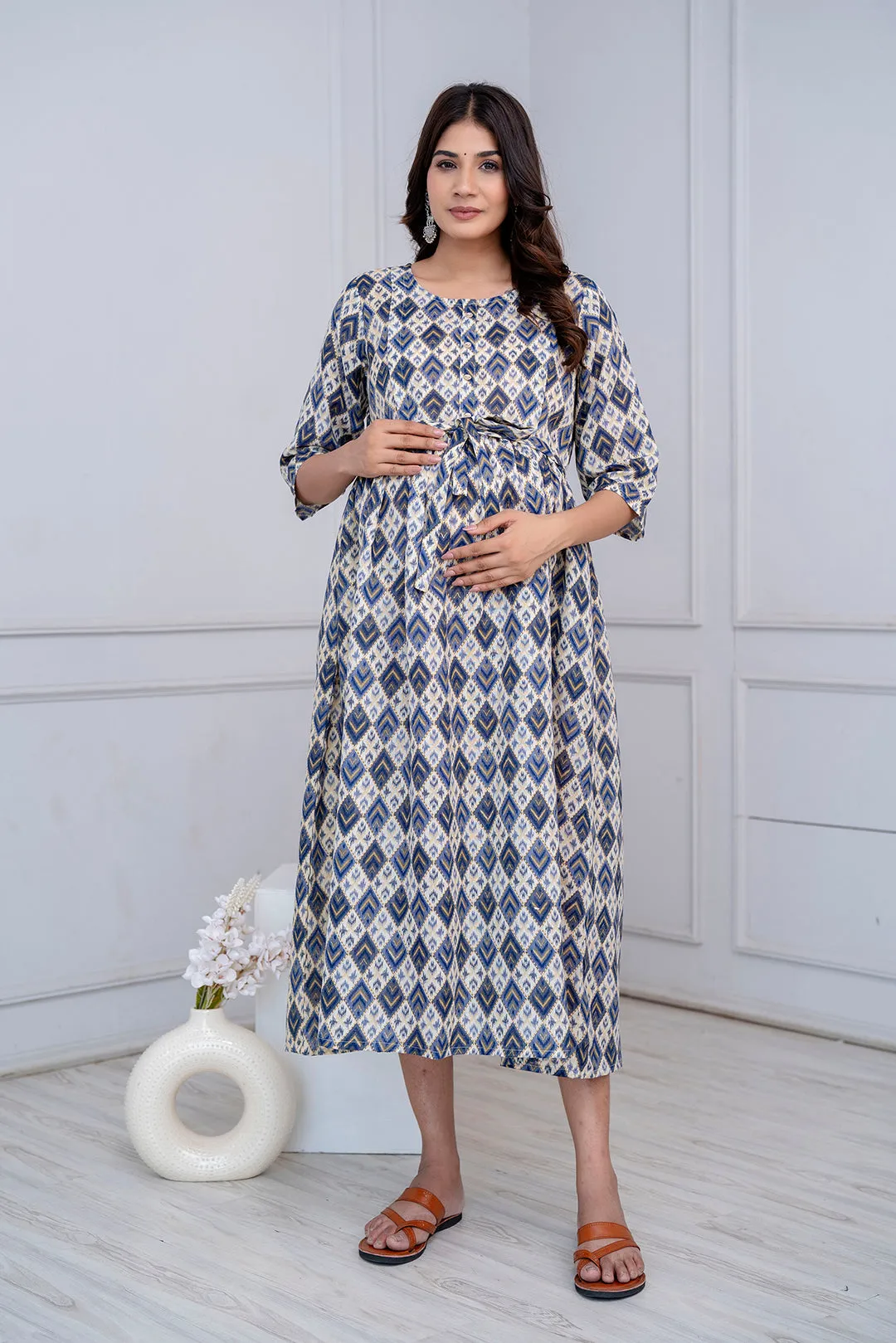 Fab Blue Printed Maternity Dress For Women