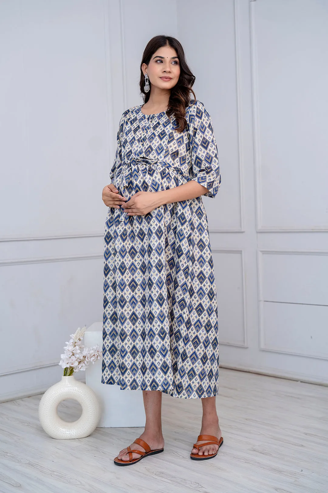 Fab Blue Printed Maternity Dress For Women