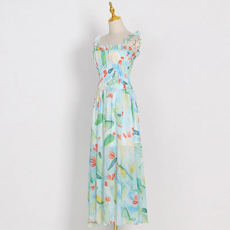 Floral Print Spaghetti Strap Smocked Maxi Dress