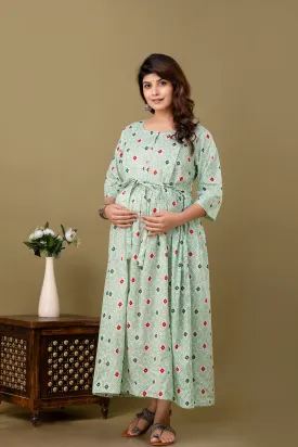 Green Printed Maternity Dress For Women