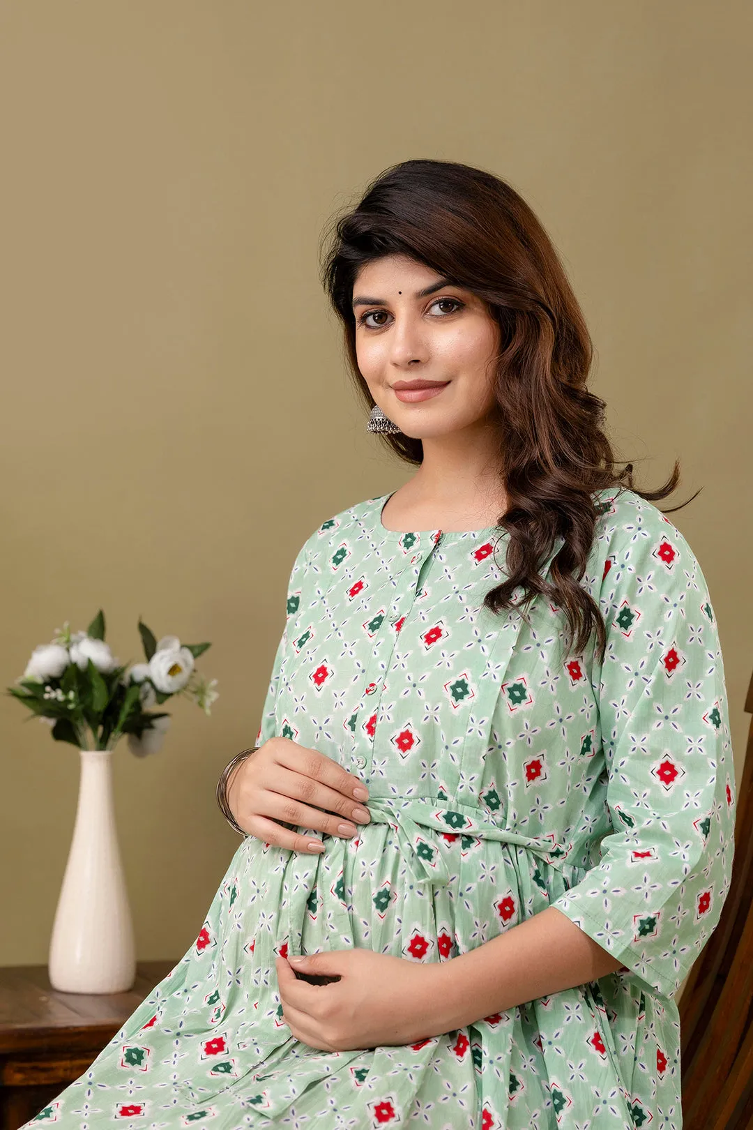 Green Printed Maternity Dress For Women