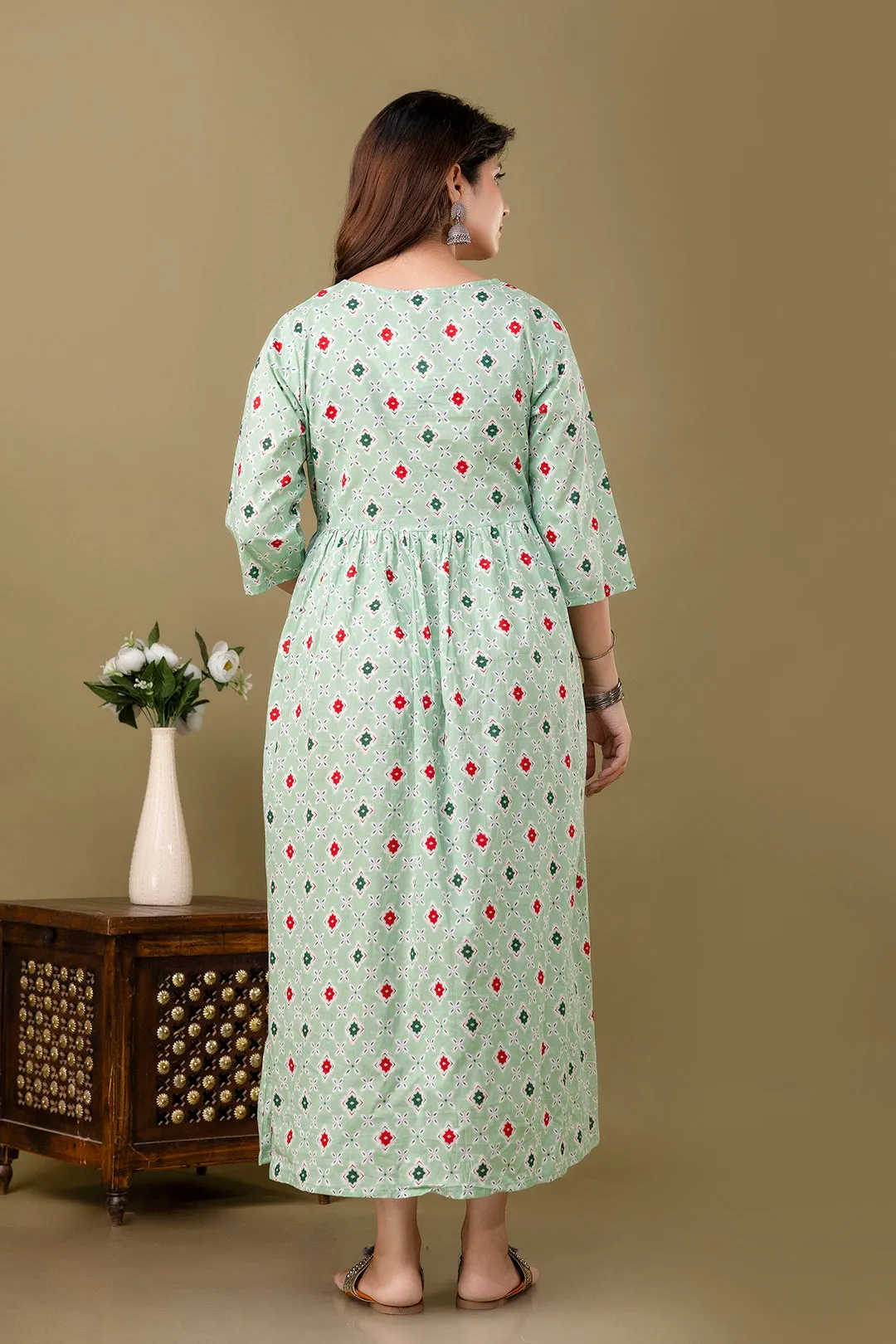 Green Printed Maternity Dress For Women