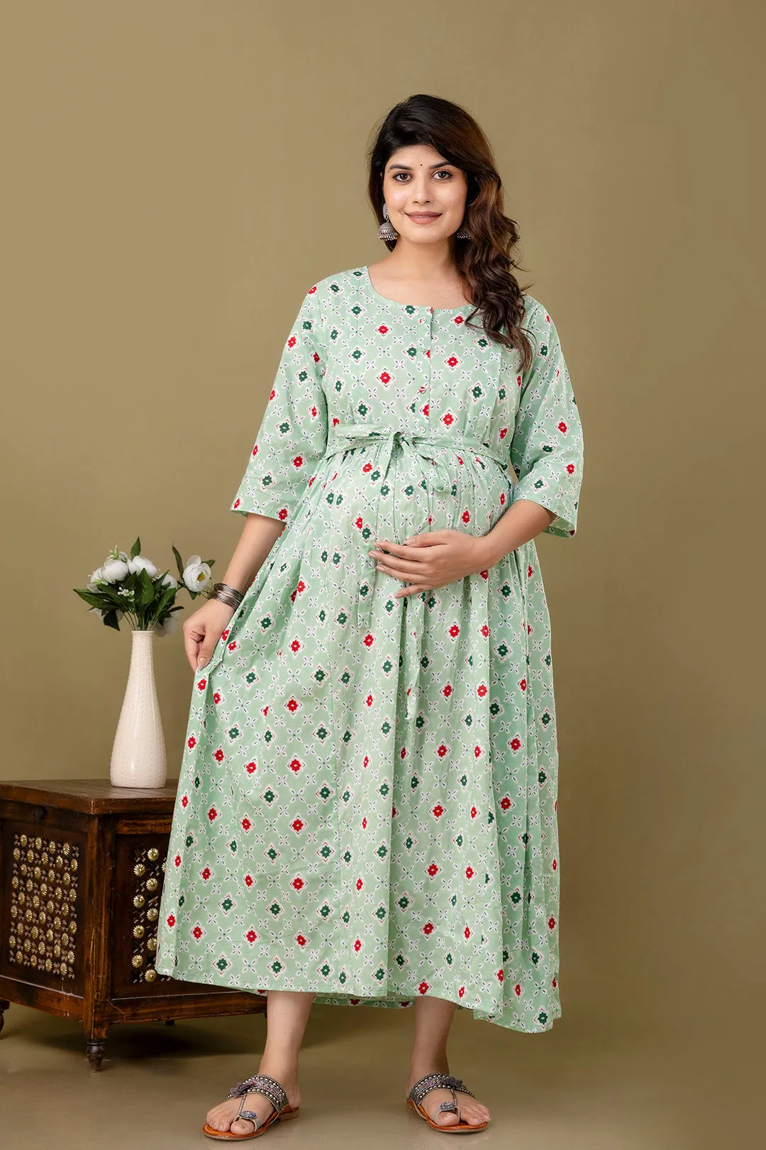 Green Printed Maternity Dress For Women