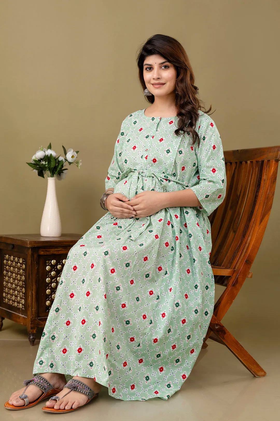 Green Printed Maternity Dress For Women