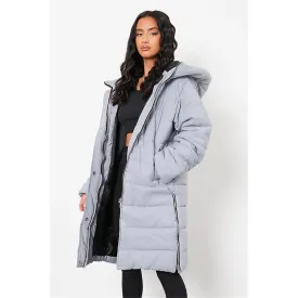 Grey Petite Longline Padded Hooded Jacket