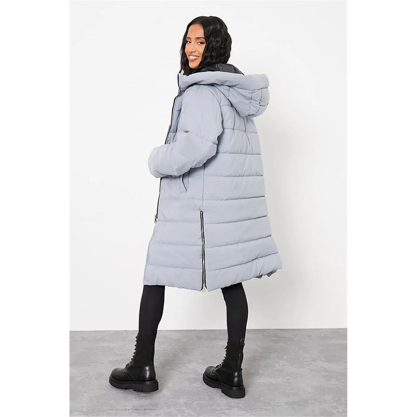 Grey Petite Longline Padded Hooded Jacket