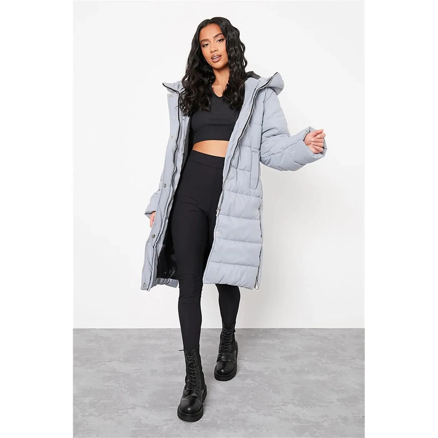 Grey Petite Longline Padded Hooded Jacket