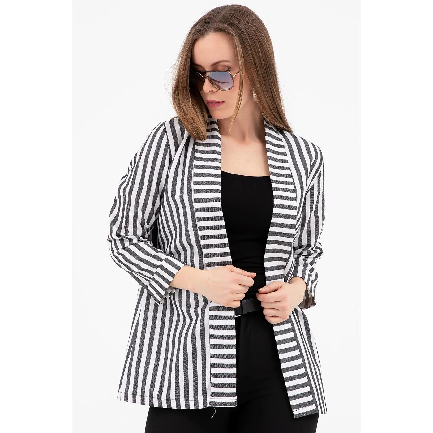 Grey Striped Shawl Jacket