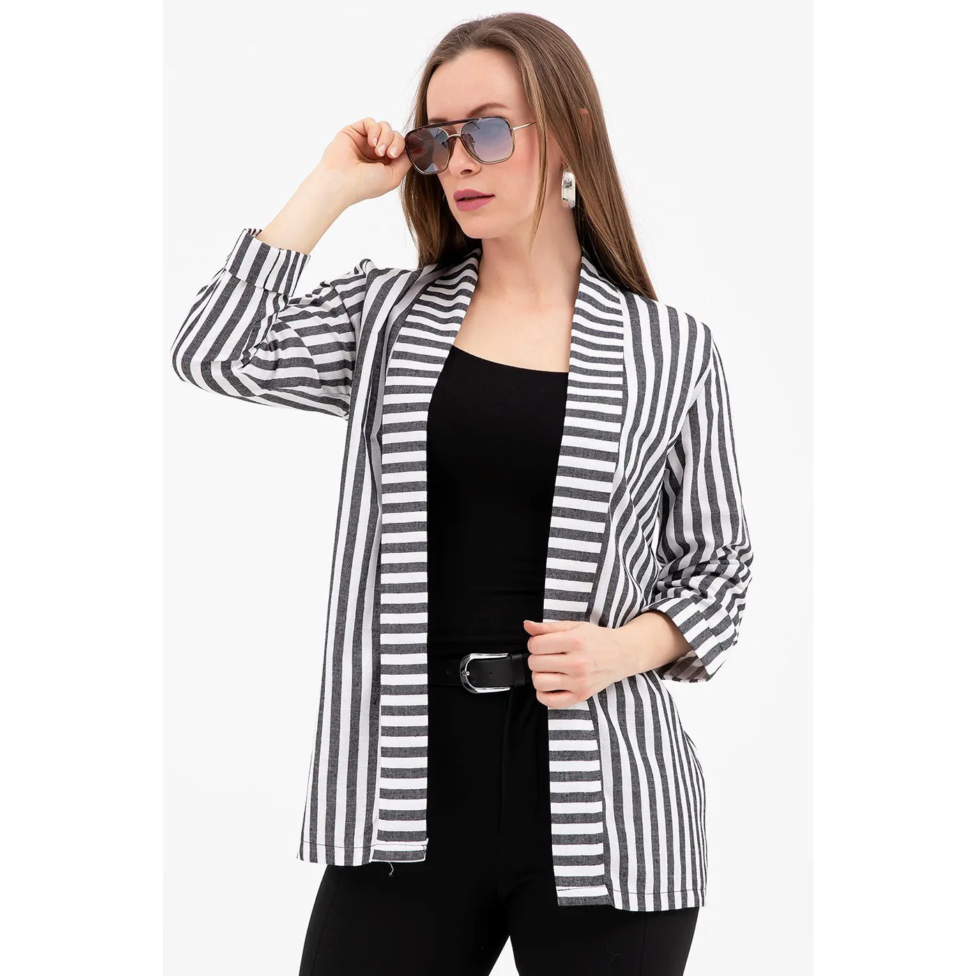 Grey Striped Shawl Jacket