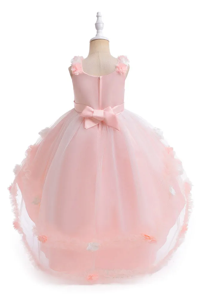 High Low Sleeveless Tulle Flower Girl Dress with Flowers, Princess Children Dress UQF0005