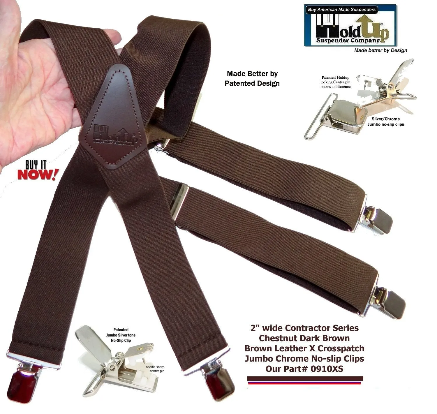 Holdup Heavy Duty Chestnut Brown Work Suspenders with USA patented Jumbo Silver No-slip Clips