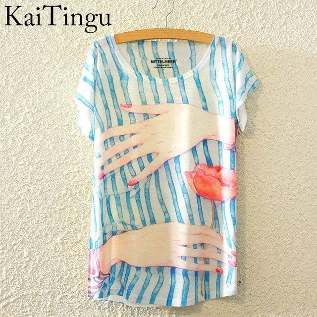 KaiTingu 2016 Brand New Fashion Summer Harajuku Animal Cat Print Shirt O-Neck Short Sleeve T Shirt Women Tops White T-shirt