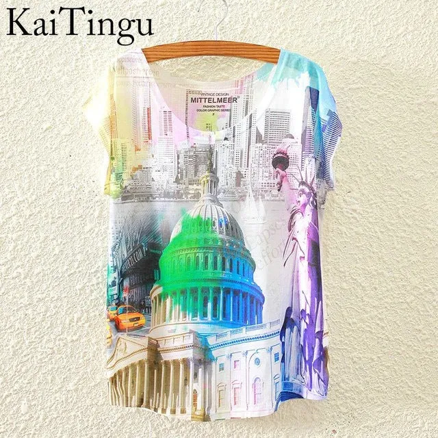 KaiTingu 2017 Brand New Fashion Spring Summer Harajuku Short Sleeve T Shirt Women Tops Eiffel Tower Printed T-shirt White Cloth