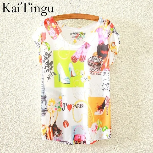 KaiTingu 2017 Brand New Fashion Spring Summer Harajuku Short Sleeve T Shirt Women Tops Eiffel Tower Printed T-shirt White Cloth