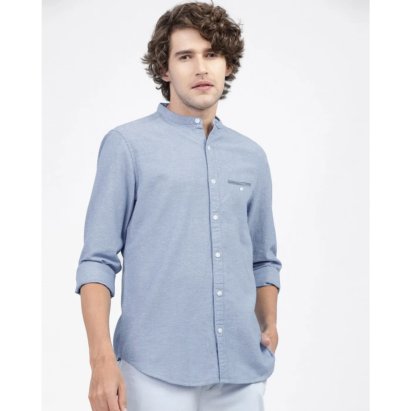 Light Blue Textured Mao Collar Shirt