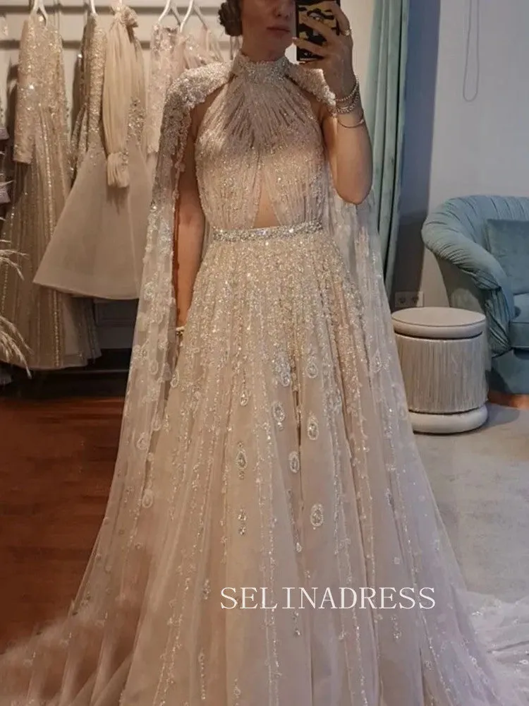 Luxury Dubai Evening Dresses Long Sleeves Beaded Wedding Party Gowns For Women ALI003