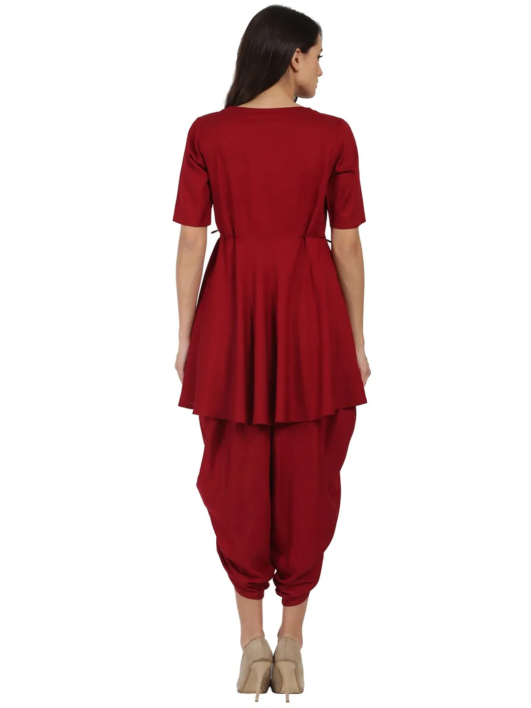 Maroon Half Sleeve Rayon A-Line Kurta With Red Pleated Dhoti