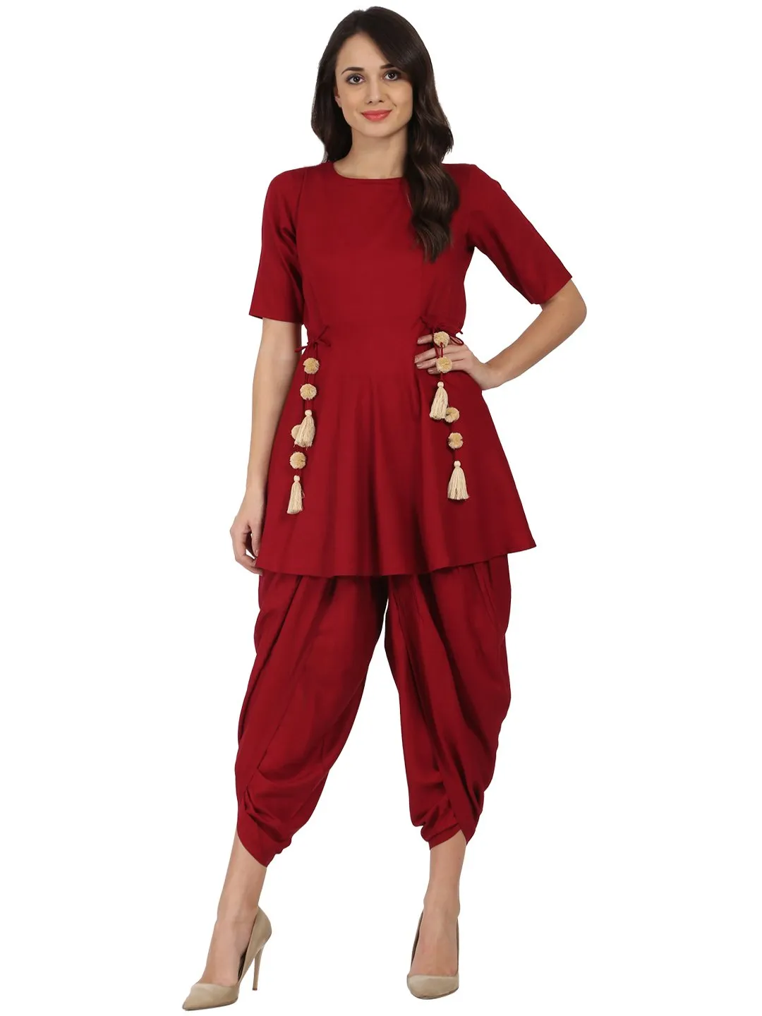 Maroon Half Sleeve Rayon A-Line Kurta With Red Pleated Dhoti