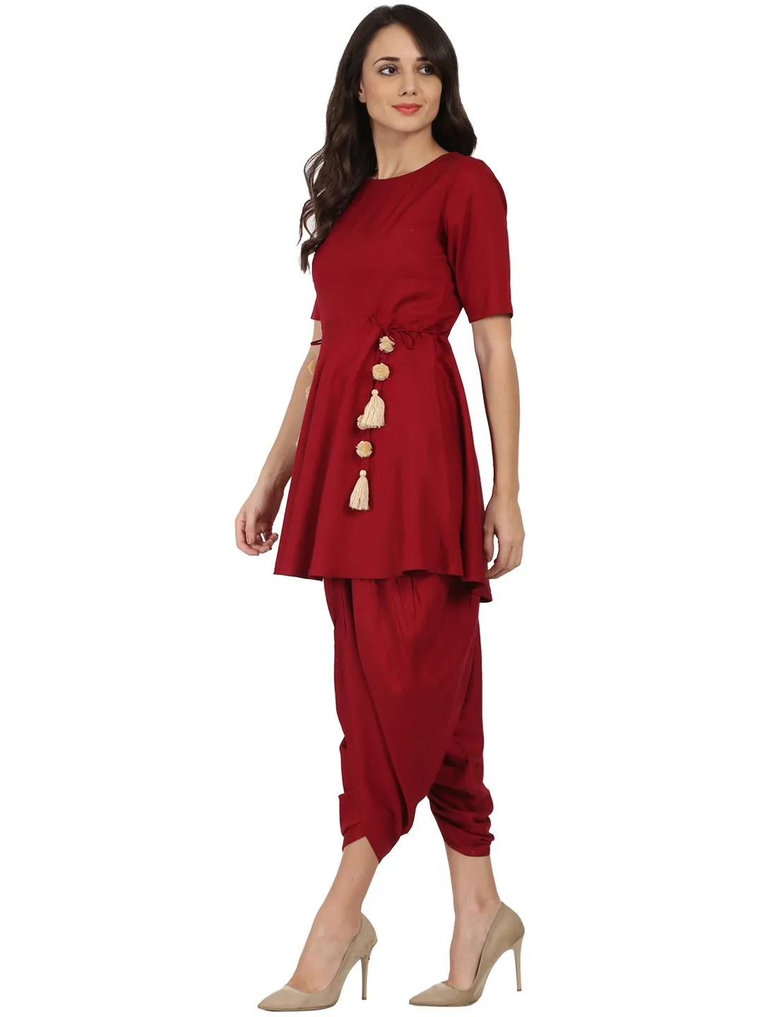 Maroon Half Sleeve Rayon A-Line Kurta With Red Pleated Dhoti