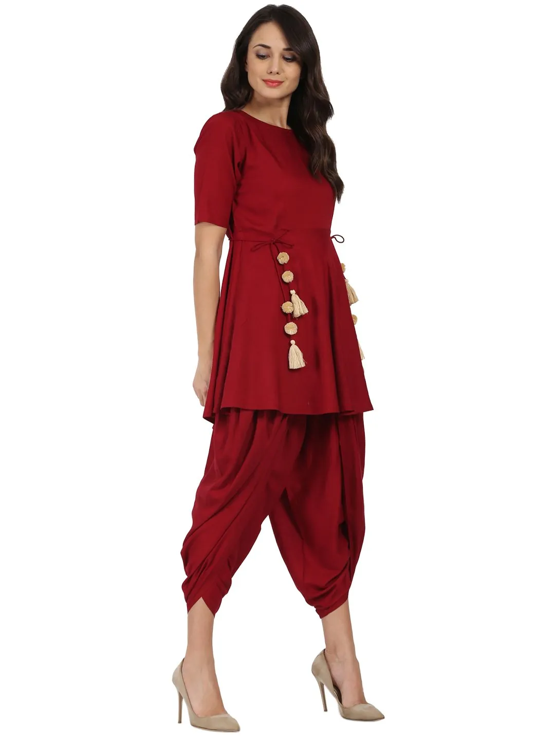 Maroon Half Sleeve Rayon A-Line Kurta With Red Pleated Dhoti