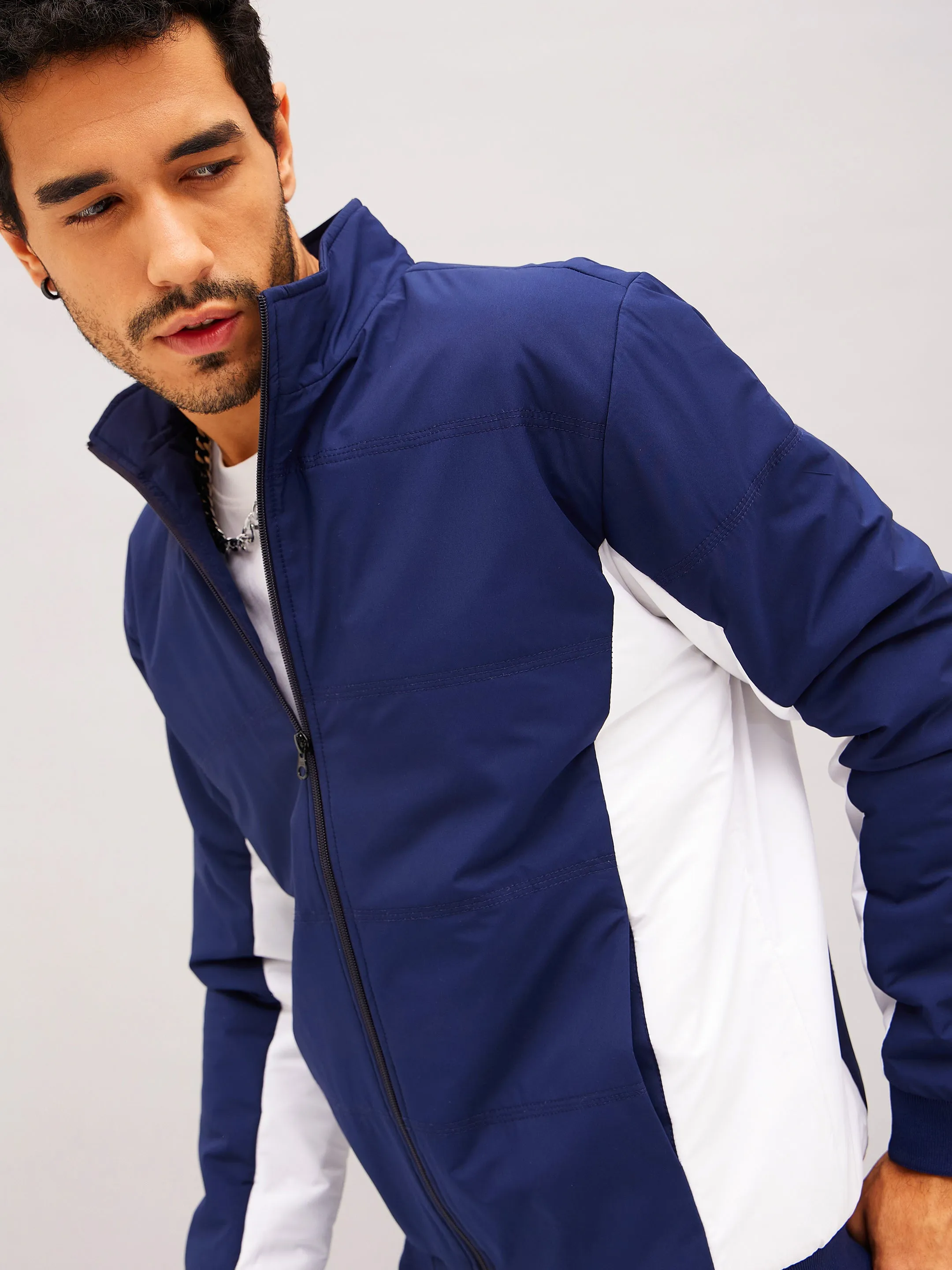 Men Navy & White Color Block Biker Jacket