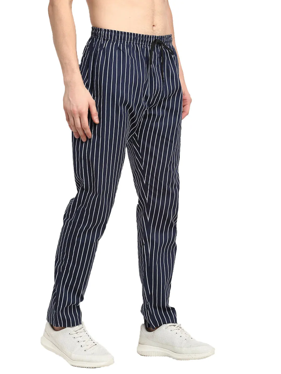 Men'S Navy Blue Cotton Striped Track Pants