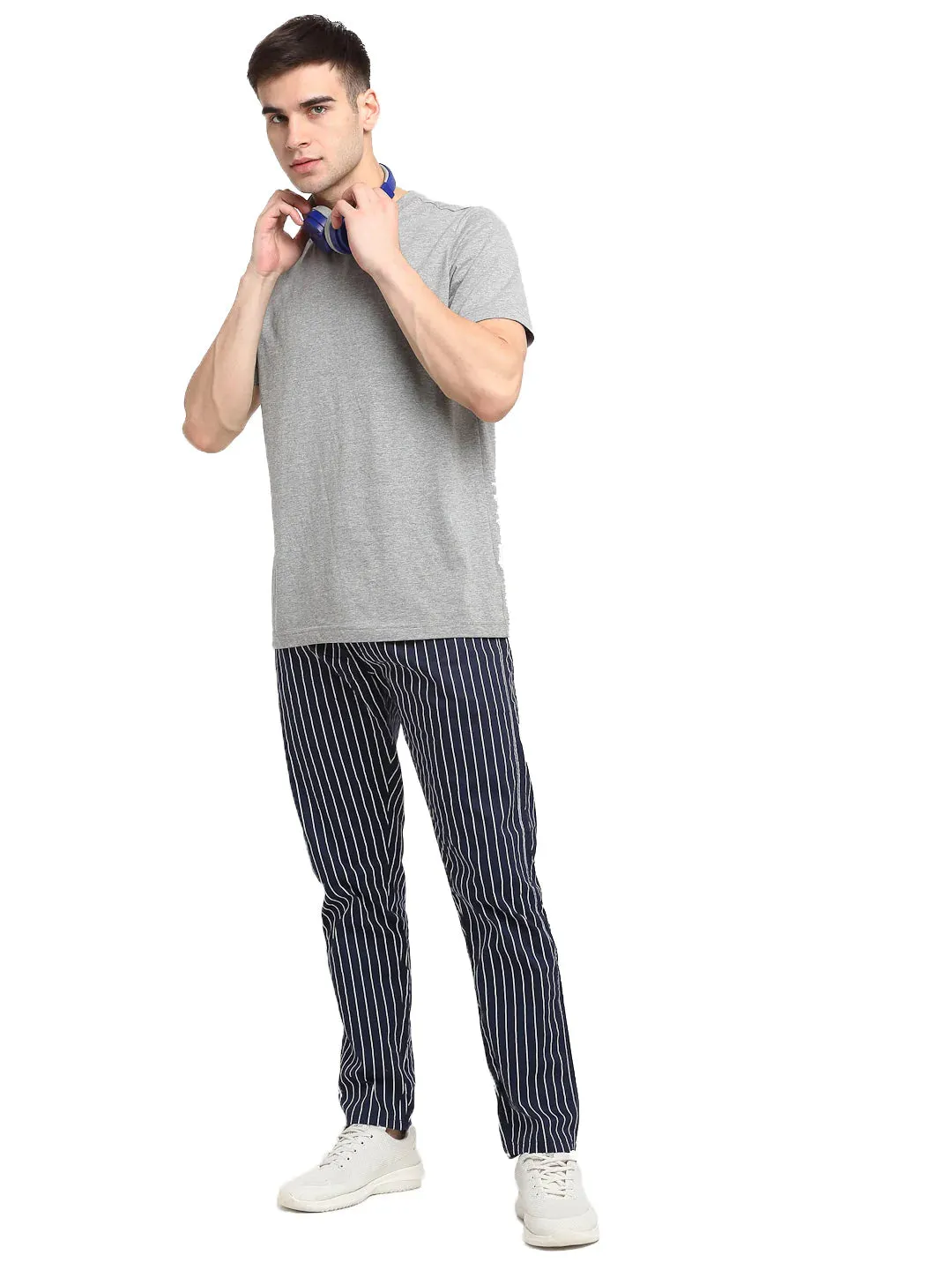 Men'S Navy Blue Cotton Striped Track Pants