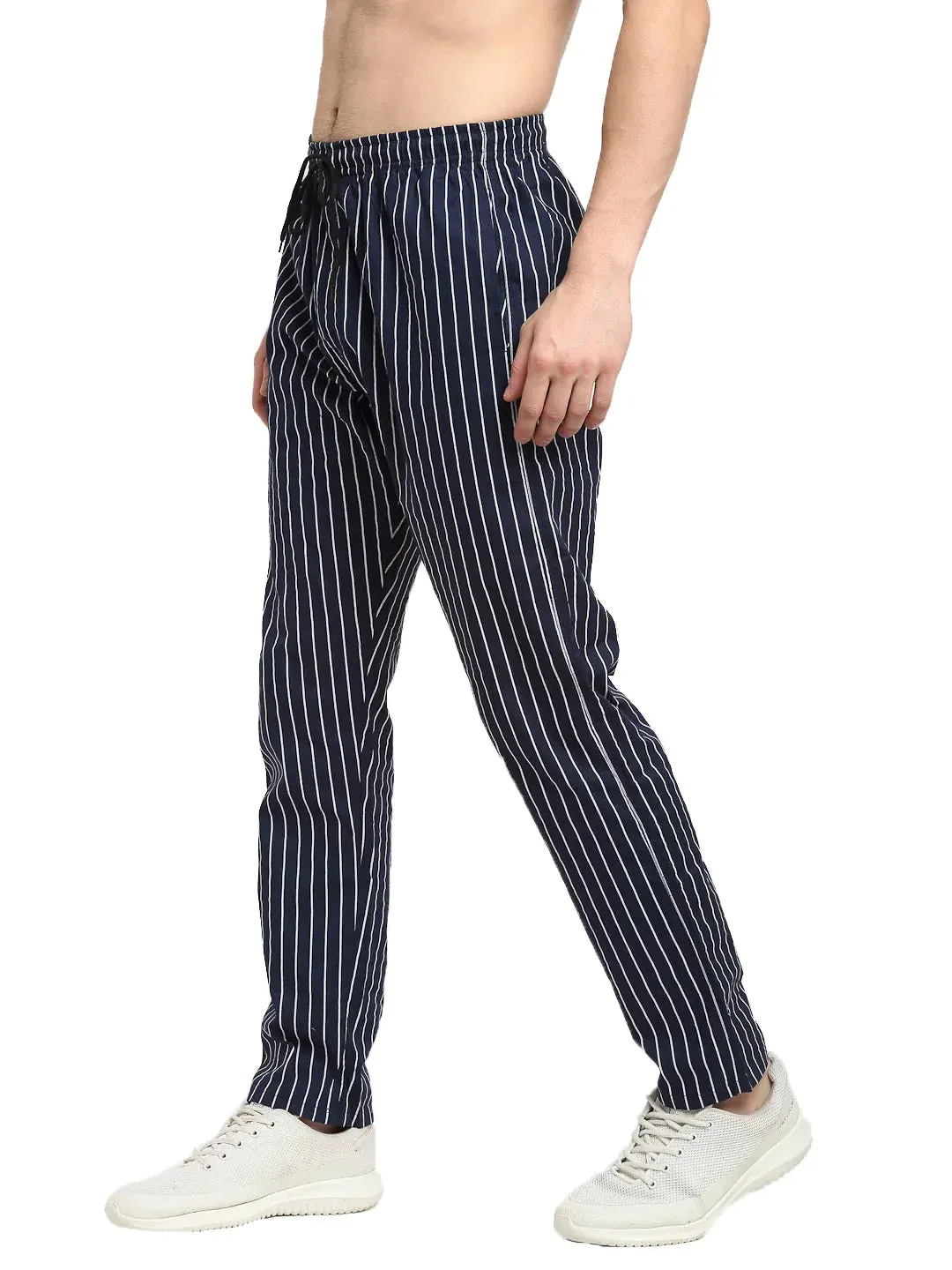 Men'S Navy Blue Cotton Striped Track Pants